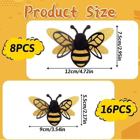 24 Pcs 3D Bee Decorations, 2 Size Double Layer Glitter Honey Bee Stickers Wall Decor, Realistic Shining Tiny Bumble Bees Cutouts Decals for Home, Party, Classroom, Outdoor Themed Decor in Saudi Arabia