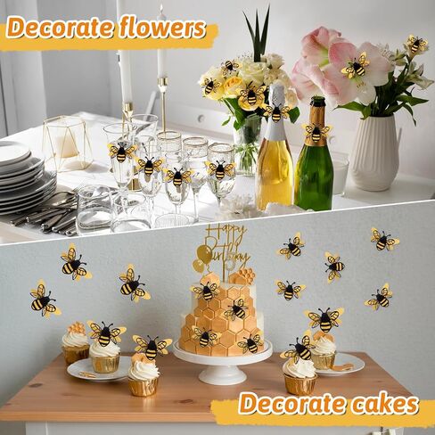24 Pcs 3D Bee Decorations, 2 Size Double Layer Glitter Honey Bee Stickers Wall Decor, Realistic Shining Tiny Bumble Bees Cutouts Decals for Home, Party, Classroom, Outdoor Themed Decor in Saudi Arabia