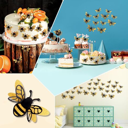 24 Pcs 3D Bee Decorations, 2 Size Double Layer Glitter Honey Bee Stickers Wall Decor, Realistic Shining Tiny Bumble Bees Cutouts Decals for Home, Party, Classroom, Outdoor Themed Decor in Saudi Arabia