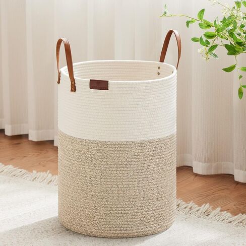 VIPOSCO Tall Laundry Basket, Large Dirty Clothes Hamper with Leather Handle, Woven Rope Storage Basket for Blanket, Toy In Living Room, Bathroom, Bedroom - 58L White & Brown in Kuwait