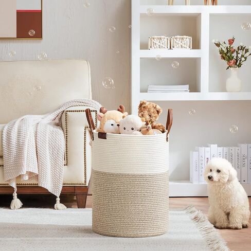 VIPOSCO Tall Laundry Basket, Large Dirty Clothes Hamper with Leather Handle, Woven Rope Storage Basket for Blanket, Toy In Living Room, Bathroom, Bedroom - 58L White & Brown in Kuwait