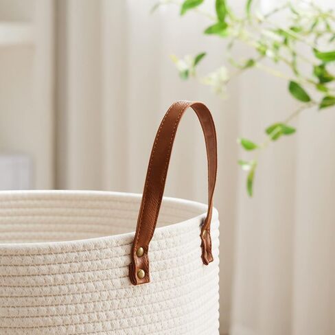 VIPOSCO Tall Laundry Basket, Large Dirty Clothes Hamper with Leather Handle, Woven Rope Storage Basket for Blanket, Toy In Living Room, Bathroom, Bedroom - 58L White & Brown in Kuwait