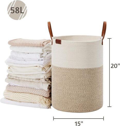 VIPOSCO Tall Laundry Basket, Large Dirty Clothes Hamper with Leather Handle, Woven Rope Storage Basket for Blanket, Toy In Living Room, Bathroom, Bedroom - 58L White & Brown in Kuwait