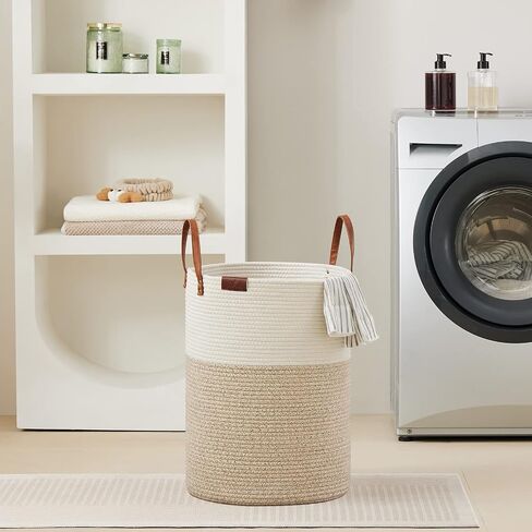VIPOSCO Tall Laundry Basket, Large Dirty Clothes Hamper with Leather Handle, Woven Rope Storage Basket for Blanket, Toy In Living Room, Bathroom, Bedroom - 58L White & Brown in Kuwait