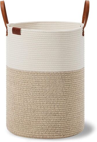 VIPOSCO Tall Laundry Basket, Large Dirty Clothes Hamper with Leather Handle, Woven Rope Storage Basket for Blanket, Toy In Living Room, Bathroom, Bedroom - 58L White & Brown in Kuwait