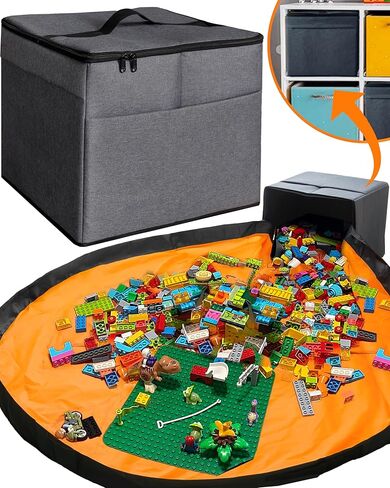 XL Toy Storage Organizer with Play Mat - Storage Bag/Box for Kids, Boys, Girls, Nursery, Playroom - Basket for Building Bricks/Blocks - Collapsible Fabric Cube Bin, 13"x13"x15" in Saudi Arabia