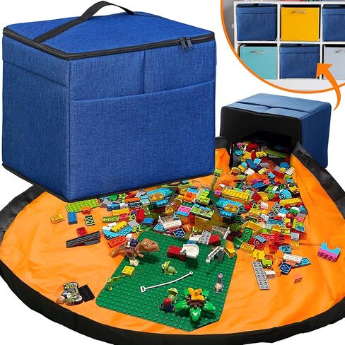 XL Toy Storage Organizer with Play Mat - Storage Bag/Box for Kids, Boys, Girls, Nursery, Playroom - Basket for Building Bricks/Blocks - Collapsible Fabric Cube Bin, 13"x13"x15" in Saudi Arabia