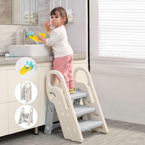 Onasti Foldable Step Stool for Bathroom Sink, Adjustable 3 Step Stool for Kids Toilet Potty Training Stool with Handles, Child Kitchen Counter Stool Helper, Plastic Ladder for Toddlers Grey in Kuwait