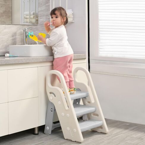 Onasti Foldable Step Stool for Bathroom Sink, Adjustable 3 Step Stool for Kids Toilet Potty Training Stool with Handles, Child Kitchen Counter Stool Helper, Plastic Ladder for Toddlers Grey in Kuwait