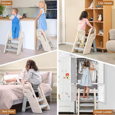 Onasti Foldable Step Stool for Bathroom Sink, Adjustable 3 Step Stool for Kids Toilet Potty Training Stool with Handles, Child Kitchen Counter Stool Helper, Plastic Ladder for Toddlers Grey in Kuwait