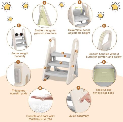 Onasti Foldable Step Stool for Bathroom Sink, Adjustable 3 Step Stool for Kids Toilet Potty Training Stool with Handles, Child Kitchen Counter Stool Helper, Plastic Ladder for Toddlers Grey in Kuwait