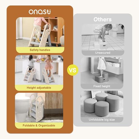 Onasti Foldable Step Stool for Bathroom Sink, Adjustable 3 Step Stool for Kids Toilet Potty Training Stool with Handles, Child Kitchen Counter Stool Helper, Plastic Ladder for Toddlers Grey in Kuwait