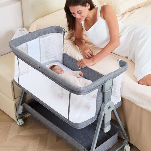 3-in-1 Baby Bassinet Bedside Sleeper with Wheels Bedside Bassinet for Newborn and Infant with Mattress and Storage Basket | Adjustable Height & Angle (13.5-18") | ASTM/CPSIA Certified (Grey) in Kuwait