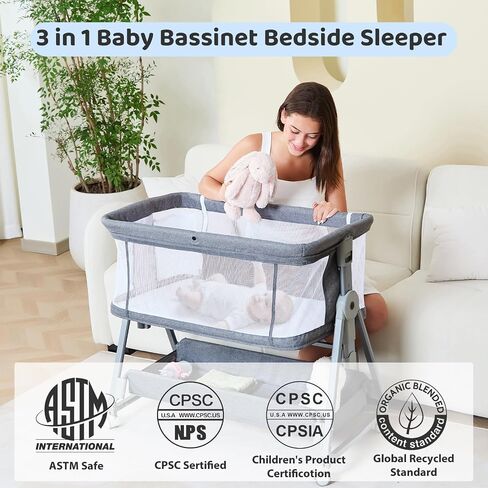 3-in-1 Baby Bassinet Bedside Sleeper with Wheels Bedside Bassinet for Newborn and Infant with Mattress and Storage Basket | Adjustable Height & Angle (13.5-18") | ASTM/CPSIA Certified (Grey) in Kuwait