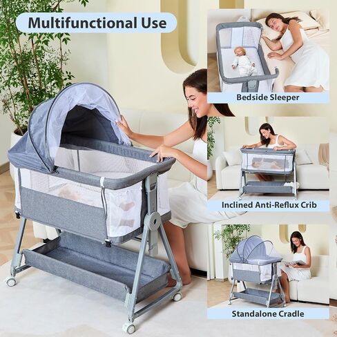 3-in-1 Baby Bassinet Bedside Sleeper with Wheels Bedside Bassinet for Newborn and Infant with Mattress and Storage Basket | Adjustable Height & Angle (13.5-18") | ASTM/CPSIA Certified (Grey) in Kuwait