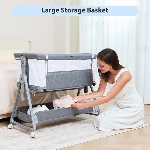 3-in-1 Baby Bassinet Bedside Sleeper with Wheels Bedside Bassinet for Newborn and Infant with Mattress and Storage Basket | Adjustable Height & Angle (13.5-18") | ASTM/CPSIA Certified (Grey) in Kuwait