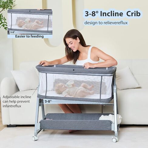 3-in-1 Baby Bassinet Bedside Sleeper with Wheels Bedside Bassinet for Newborn and Infant with Mattress and Storage Basket | Adjustable Height & Angle (13.5-18") | ASTM/CPSIA Certified (Grey) in Kuwait