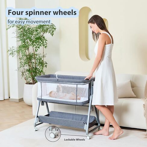 3-in-1 Baby Bassinet Bedside Sleeper with Wheels Bedside Bassinet for Newborn and Infant with Mattress and Storage Basket | Adjustable Height & Angle (13.5-18") | ASTM/CPSIA Certified (Grey) in Kuwait