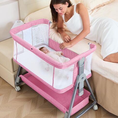 3-in-1 Baby Bassinet Bedside Sleeper with Wheels Bedside Bassinet for Newborn and Infant with Mattress and Storage Basket | Adjustable Height & Angle (13.5-18") | ASTM/CPSIA Certified (Grey) in Kuwait