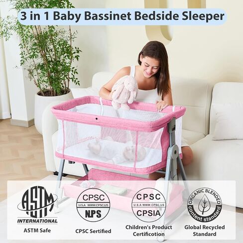 3-in-1 Baby Bassinet Bedside Sleeper with Wheels Bedside Bassinet for Newborn and Infant with Mattress and Storage Basket | Adjustable Height & Angle (13.5-18") | ASTM/CPSIA Certified (Grey) in Kuwait