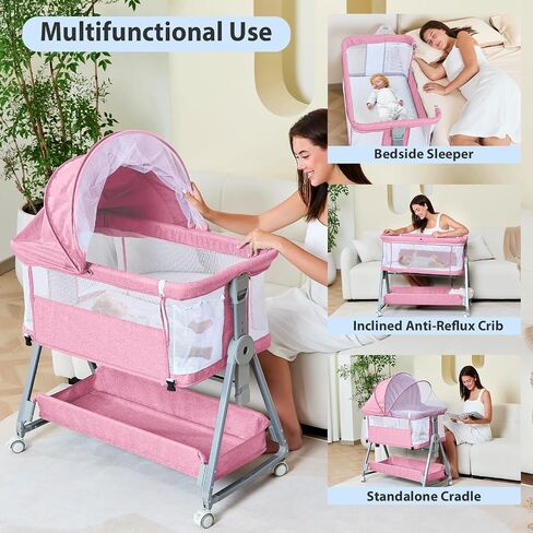 3-in-1 Baby Bassinet Bedside Sleeper with Wheels Bedside Bassinet for Newborn and Infant with Mattress and Storage Basket | Adjustable Height & Angle (13.5-18") | ASTM/CPSIA Certified (Grey) in Kuwait