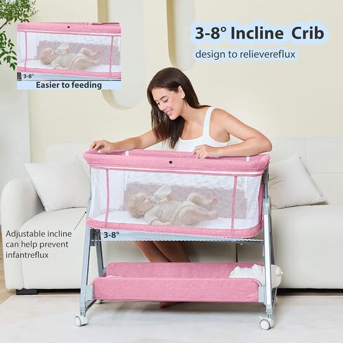 3-in-1 Baby Bassinet Bedside Sleeper with Wheels Bedside Bassinet for Newborn and Infant with Mattress and Storage Basket | Adjustable Height & Angle (13.5-18") | ASTM/CPSIA Certified (Grey) in Kuwait
