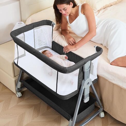 3-in-1 BABY BASSINET BEDEDED Sleeper with Wheels Bed Side Bassinet للحديدين الجدد والرضع مع سلة المرتبة والخزانة | ارتفاع وزاوية قابلة للتعديل (13.5-18 ") | ASTM/CPSIA معتمد (رمادي) in Kuwait
