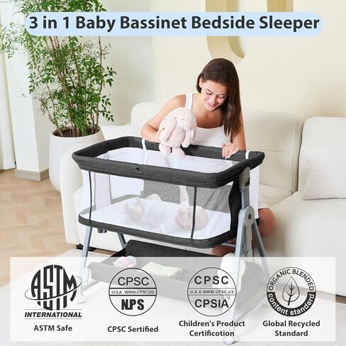 3-in-1 BABY BASSINET BEDEDED Sleeper with Wheels Bed Side Bassinet للحديدين الجدد والرضع مع سلة المرتبة والخزانة | ارتفاع وزاوية قابلة للتعديل (13.5-18 ") | ASTM/CPSIA معتمد (رمادي) in Kuwait