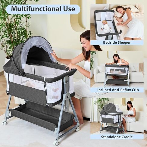 3-in-1 BABY BASSINET BEDEDED Sleeper with Wheels Bed Side Bassinet للحديدين الجدد والرضع مع سلة المرتبة والخزانة | ارتفاع وزاوية قابلة للتعديل (13.5-18 ") | ASTM/CPSIA معتمد (رمادي) in Kuwait
