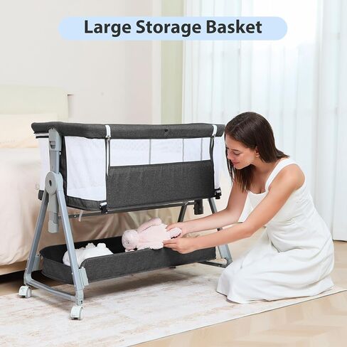 3-in-1 BABY BASSINET BEDEDED Sleeper with Wheels Bed Side Bassinet للحديدين الجدد والرضع مع سلة المرتبة والخزانة | ارتفاع وزاوية قابلة للتعديل (13.5-18 ") | ASTM/CPSIA معتمد (رمادي) in Kuwait