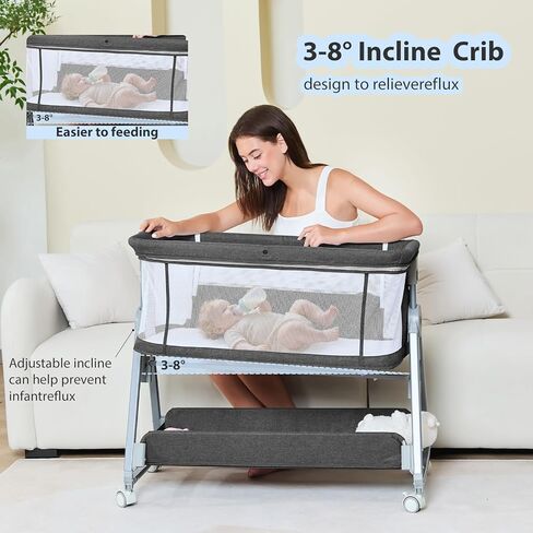 3-in-1 BABY BASSINET BEDEDED Sleeper with Wheels Bed Side Bassinet للحديدين الجدد والرضع مع سلة المرتبة والخزانة | ارتفاع وزاوية قابلة للتعديل (13.5-18 ") | ASTM/CPSIA معتمد (رمادي) in Kuwait