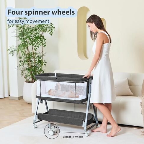 3-in-1 BABY BASSINET BEDEDED Sleeper with Wheels Bed Side Bassinet للحديدين الجدد والرضع مع سلة المرتبة والخزانة | ارتفاع وزاوية قابلة للتعديل (13.5-18 ") | ASTM/CPSIA معتمد (رمادي) in Kuwait