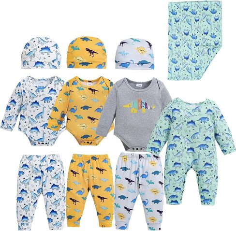 ملابس رضيع الأطفال المولود حديثي الولادة ضروريات Layette 11 قطعة مع الجسوس ، السراويل ، القبعات ، ملابس للجنسين بالبطانية in Kuwait