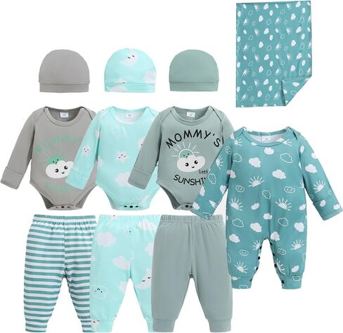 ملابس رضيع الأطفال المولود حديثي الولادة ضروريات Layette 11 قطعة مع الجسوس ، السراويل ، القبعات ، ملابس للجنسين بالبطانية in Kuwait
