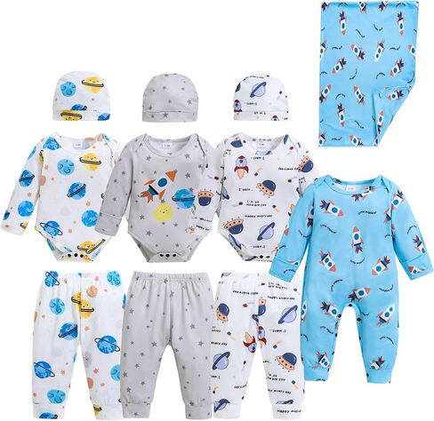 ملابس رضيع الأطفال المولود حديثي الولادة ضروريات Layette 11 قطعة مع الجسوس ، السراويل ، القبعات ، ملابس للجنسين بالبطانية in Kuwait