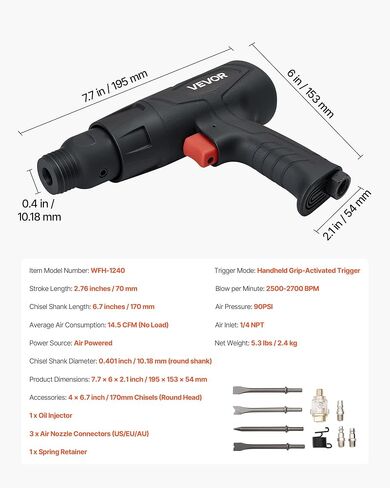 مطرقة الهواء Vevor ، مطرقة 4500BM PNIMATIC مع السكتة الدماغية 1.57 بوصة و 4pcs الأهمال المستديرة ، الأداة المجرفة الهوائية الخفيفة والضغوط المدمجة لقطع الكشط اللكم in Saudi Arabia