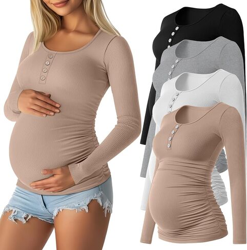 4 Pack Womens Maternity Shirts Cotton Scoop Neck Long Sleeve Ribbed Pregnancy Top Henley Side Ruched Mama Clothes in Saudi Arabia