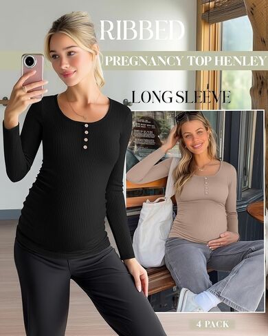 4 Pack Womens Maternity Shirts Cotton Scoop Neck Long Sleeve Ribbed Pregnancy Top Henley Side Ruched Mama Clothes in Saudi Arabia
