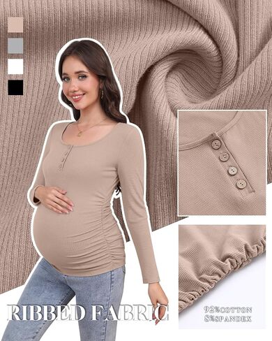 4 Pack Womens Maternity Shirts Cotton Scoop Neck Long Sleeve Ribbed Pregnancy Top Henley Side Ruched Mama Clothes in Saudi Arabia