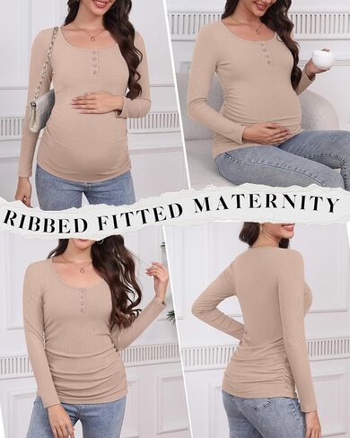4 Pack Womens Maternity Shirts Cotton Scoop Neck Long Sleeve Ribbed Pregnancy Top Henley Side Ruched Mama Clothes in Saudi Arabia