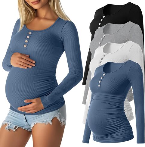 4 Pack Womens Maternity Shirts Cotton Scoop Neck Long Sleeve Ribbed Pregnancy Top Henley Side Ruched Mama Clothes in Saudi Arabia