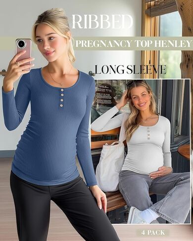 4 Pack Womens Maternity Shirts Cotton Scoop Neck Long Sleeve Ribbed Pregnancy Top Henley Side Ruched Mama Clothes in Saudi Arabia