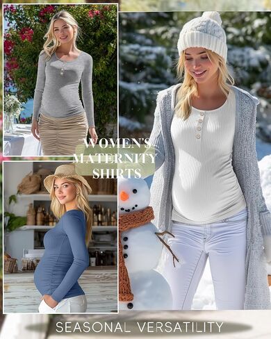 4 Pack Womens Maternity Shirts Cotton Scoop Neck Long Sleeve Ribbed Pregnancy Top Henley Side Ruched Mama Clothes in Saudi Arabia