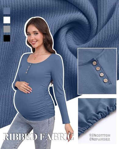 4 Pack Womens Maternity Shirts Cotton Scoop Neck Long Sleeve Ribbed Pregnancy Top Henley Side Ruched Mama Clothes in Saudi Arabia