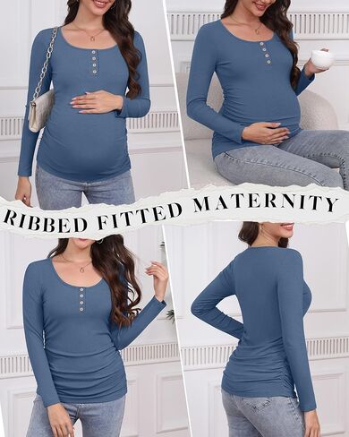 4 Pack Womens Maternity Shirts Cotton Scoop Neck Long Sleeve Ribbed Pregnancy Top Henley Side Ruched Mama Clothes in Saudi Arabia
