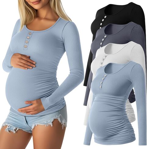 4 Pack Womens Maternity Shirts Cotton Scoop Neck Long Sleeve Ribbed Pregnancy Top Henley Side Ruched Mama Clothes in Saudi Arabia
