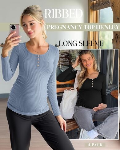 4 Pack Womens Maternity Shirts Cotton Scoop Neck Long Sleeve Ribbed Pregnancy Top Henley Side Ruched Mama Clothes in Saudi Arabia