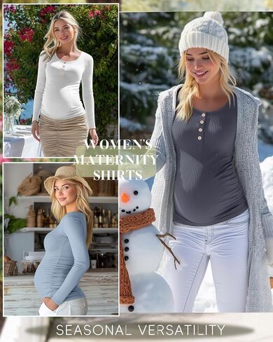 4 Pack Womens Maternity Shirts Cotton Scoop Neck Long Sleeve Ribbed Pregnancy Top Henley Side Ruched Mama Clothes in Saudi Arabia