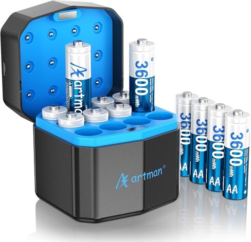 Artman Rechargeable Lithium AA Batteries 12 Pack with Storage 12-Slot Charger, 3600mWh AA Lithium Batteries for Blink Outdoor Camera, 1.5V Constant Double A Battery Recharge up to 2000+ Cycles (Blue) in Saudi Arabia