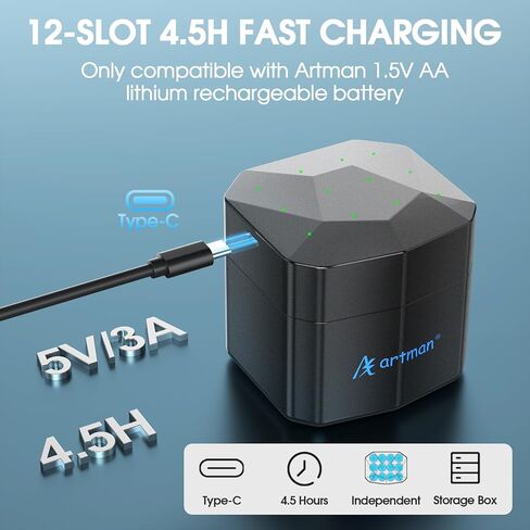 Artman Rechargeable Lithium AA Batteries 12 Pack with Storage 12-Slot Charger, 3600mWh AA Lithium Batteries for Blink Outdoor Camera, 1.5V Constant Double A Battery Recharge up to 2000+ Cycles (Blue) in Saudi Arabia